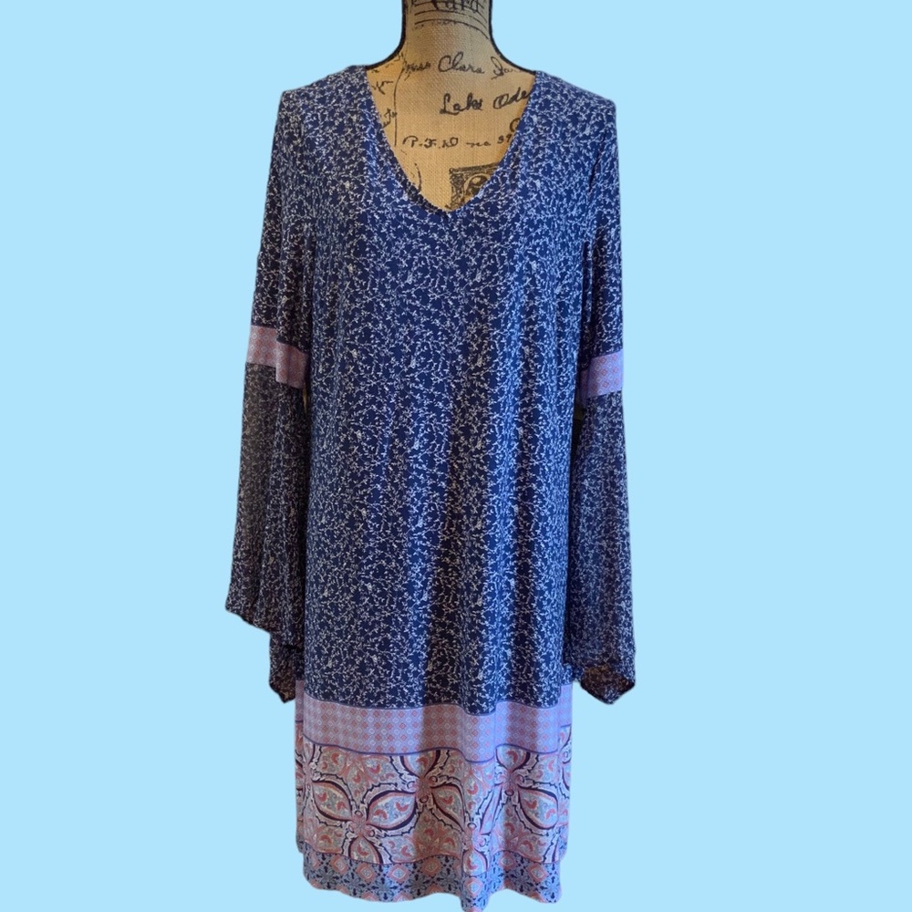 MSK V Neck Dress, Long Bell Sleeve, Blue Size XL